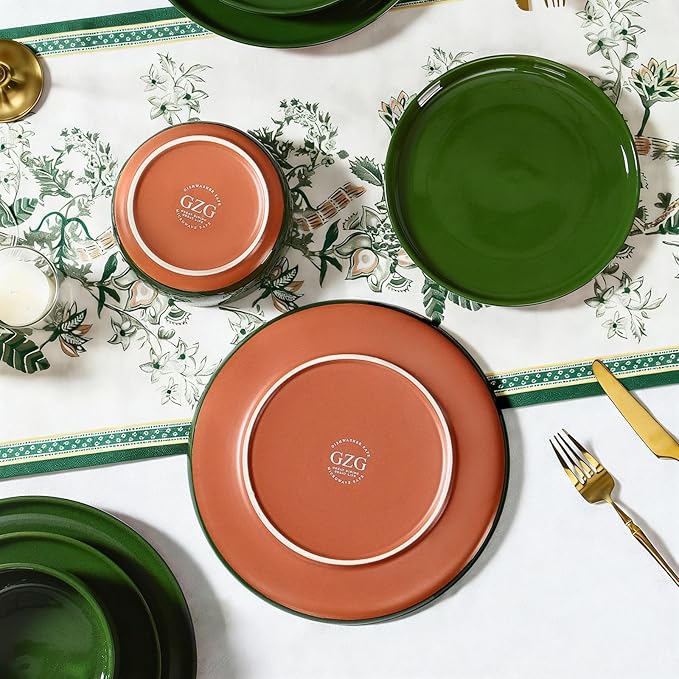 GZG Ceramic Dinner Plates Set of 4, 10.25 Inch Speckled Stoneware Plates with Clay-Tone Base, Large Ceramic Plates for Steak, Salad, Pizza, Microwave Oven Dishwasher Safe