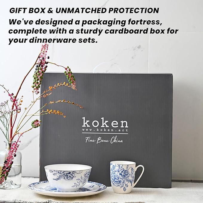 Blue Rose Plates and Bowls Sets Dishes Set for 4, Ceramic Plates and Bowls Set, Service for 4, Bone China Dinnerware Set Salad Dessert Plates, and Cereal Bowls Set, Microwave safe by KOKEN