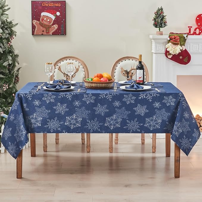 Rectangle Fancy Metallic Sparkling Snowflake Christmas Fabric Table Cloth red Hunter Gold Navy White Silver No-Iron Soil Resistant Woven Holiday Table Cover(Navy Silver/60x144Inch)