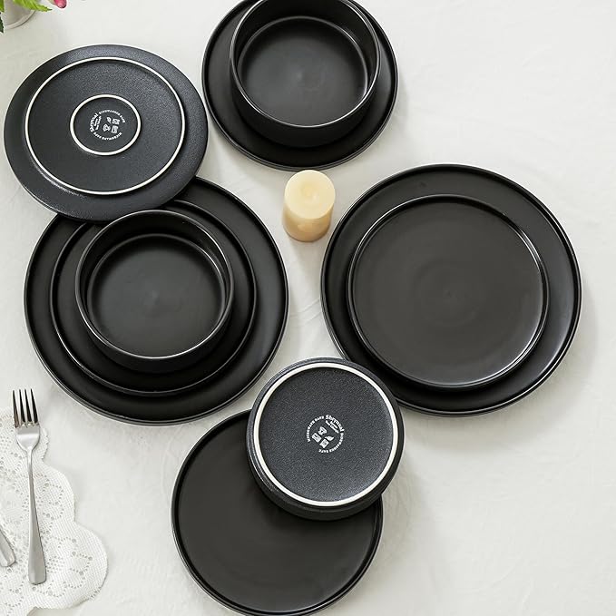 Plates and Bowls Sets, 12 Piece Ceramic Dinnerware Set for Family and Gatherings, Dishes Set for 4, Dishwasher & Microwave Safe, Handcrafted Stoneware Sets, Modern Black