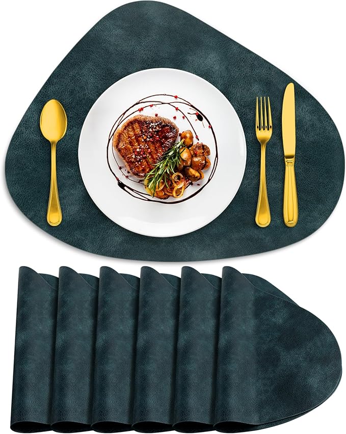 ADRIMER Placemats, Heat Resistant Round Placemats Set of 6 Washable 13 x 17 Inch, Waterproof Table Mats Wipeable for Kitchen, Dining Room Table Christmas Decor, Dark Blue