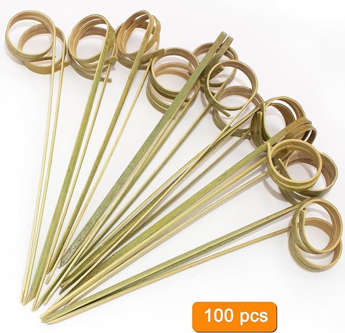 100pcs 4.7 IN Bamboo Cocktail Picks with Ring Knot,Nature Color,for Cocktail Party, Barbeque, Club Sandwiches