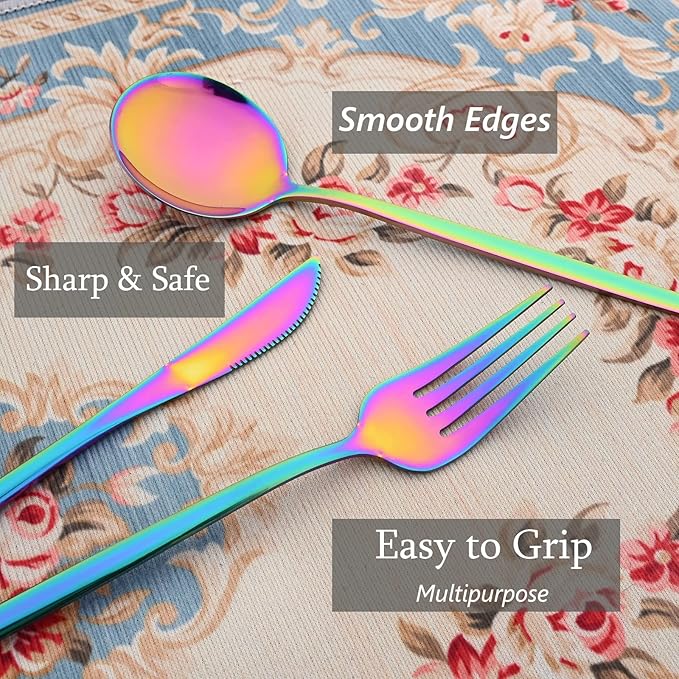 32 Piece Basic Silverware Set, 100% Stainless Steel Tableware Kitchen Silverware Ideal For Wedding/Party/Restaurant/Home, Service For 8, Mirror Stain - Rainbow