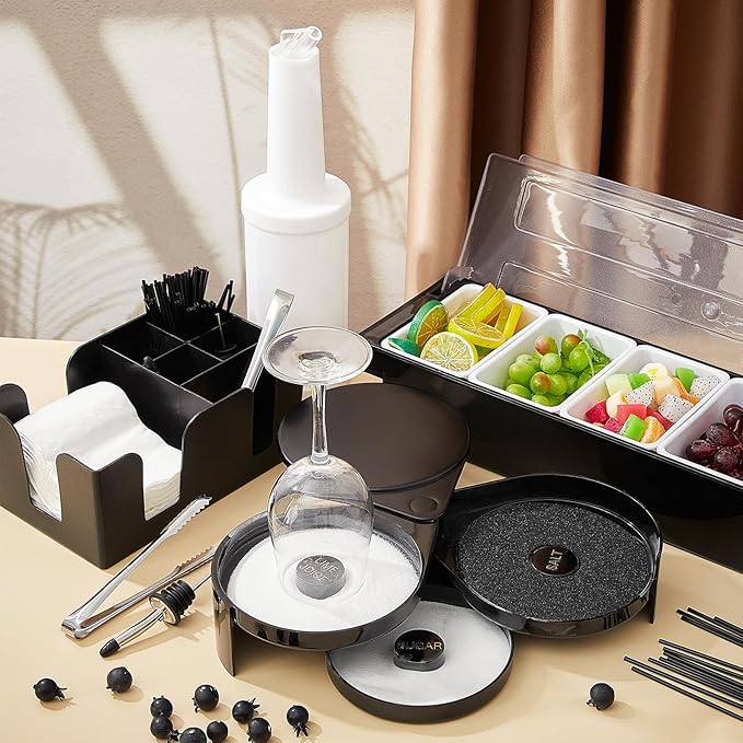 Mifoci Bartending Supplies Garnish Tray with Lid Bar Caddy 3 Tier Glass Rimmer 12 Stainless Steel Bottle Pourers 2 Juice Pour Bottle 1000 Cocktail Straw 3 Serving Tong(5 Compartments,Plastic)