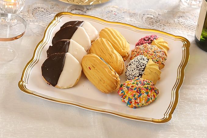 Posh Setting - White Plastic Serving Trays 6 Pack, Heavyweight Plastic Trays for Serving Food Party, Gold Rim Border Disposable Serving Platters and Trays, Platters for Serving Food Party - 12"x12"