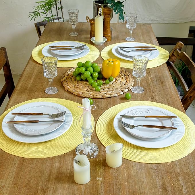 FunWheat Round Braided Placemats Set of 8 Table Mats for Dining Tables Woven Washable Non-Slip Place mats 15 inch(Lemon Yellow, 8pcs)