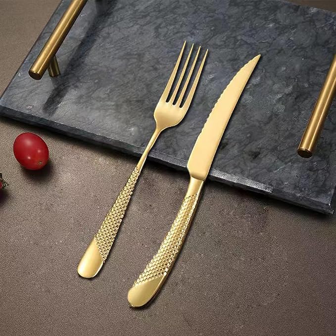 diamond hammered silverware set, 90-piece cutlery set for 18 people, Checkered Handle Stainless Steel Flatware serving set - Cutlery Set For Home Kitchen
