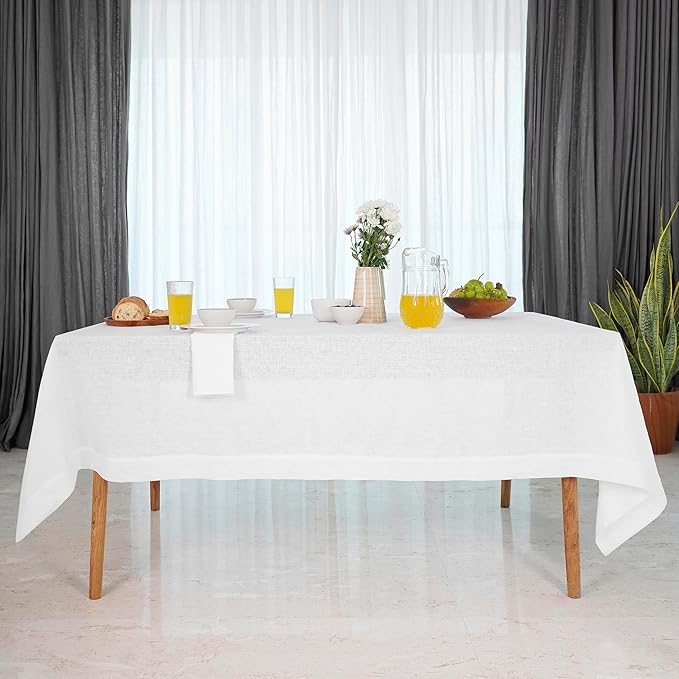 D'Moksha Homes Linen White Tablecloth 60 x 102 Inch - 100% Pure Linen Rectangular Table Cloth - Machine Washable Tablecloth for Winter, Christmas, Holiday, New Year