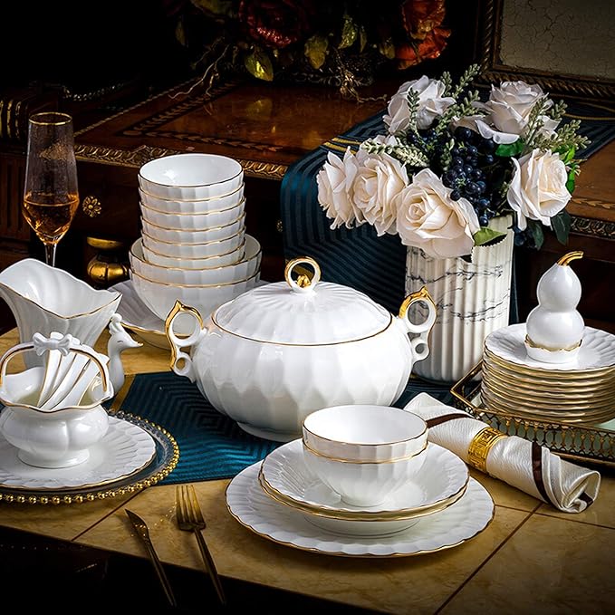 Tableware Classic Pottery Tableware,Ceramics Dinner Set, 50 Pieces Pure White High-Grade Bone China Dinnerware Sets Phnom Penh Soup Pot/Plate/Bowl - Porcelain Combination