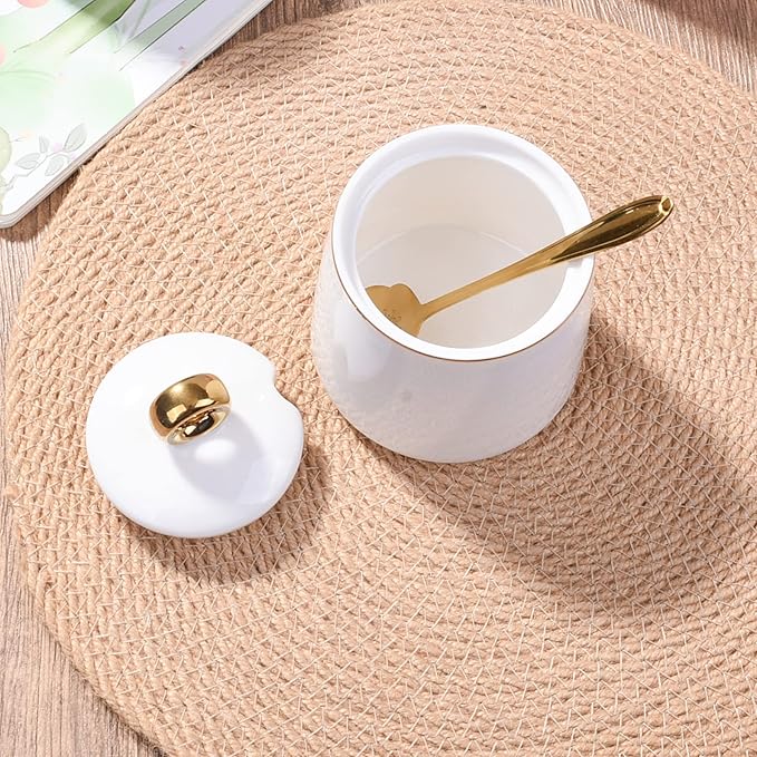 Ceramic Sugar Bowls with Stainless Steel Spoon Salt Bowl with Lid for Home and Kitchen White