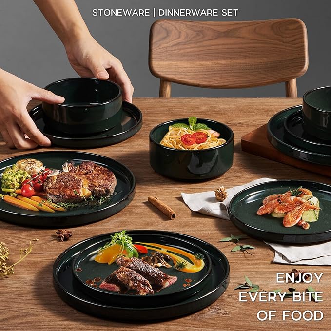 Onader Stoneware Dinnerware Sets for 4, Reactive Glaze Plates and Bowls Sets, Ceramic Dish Dinner Set with Rustic Terracotta Bottom, 12 Piece Elegant Dishware - Emerald Green
