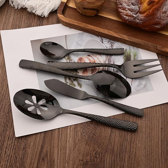 Serving Utensils Set, 5-Piece 18/8 Stainless Steel Hostess Serving Set, Elegant Hammered Serving Utensils for Home Restaurant and Buffet Catering, Heavy and Mirror Polished, Black