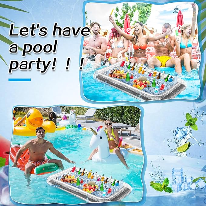 Leitee Inflatable Serving Bar with Drain Plug 52 x 24 x 5'' Inflatable Ice Serving Buffet Bar for Party Food Cooler Buffet Drink(Silver,Sequin Style)