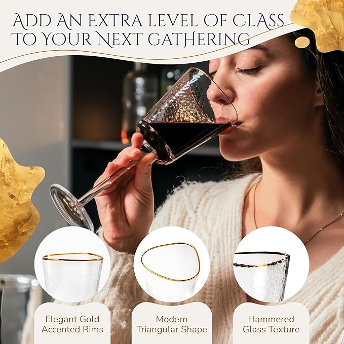 Bec's Designs Gold Rimmed Wine Glasses – Set of 4, 10oz Handblown Hammered Glass, Unique Triangular Shape – Elegant Stemware for Red, White & Champagne