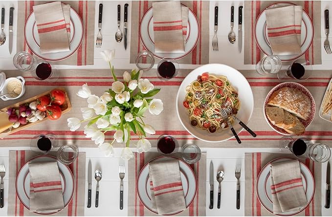 Solino Home Linen Placemats Set of 4 - French Stripe Red and Natural Placemats 14 x 19 Inch - 100% Pure Linen Table Mats for Christmas, New Year