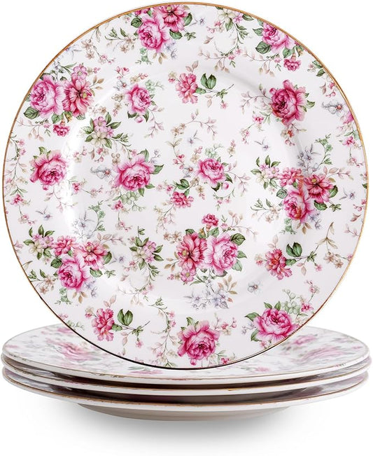 Porcelain Floral Plates, 8 inch, Set of 4,Small Plate, Small Appetizer Plates,Round dessert plate for breads, desserts, snacks, salads (White with flowers)