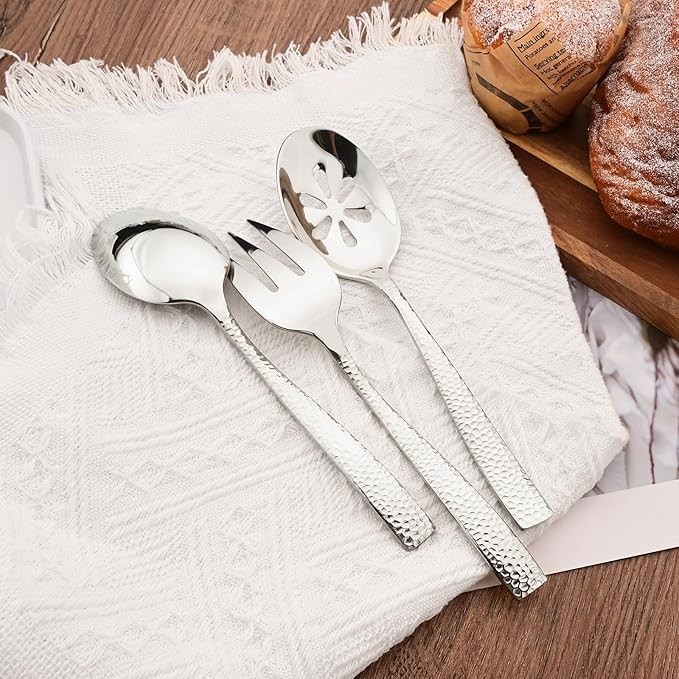 Serving Utensils Set, 5-Piece 18/8 Stainless Steel Hostess Serving Set, Elegant Hammered Serving Utensils for Home Restaurant and Buffet Catering, Heavy and Mirror Polished, Silver
