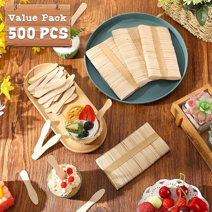 Nuogo 500 Pcs Wooden Ice Cream Sample Spoons Bulk 3'' Disposable Honey Gelato Tasting Sticks Cutlery Mini Wood Chocolate Hot Cocoa Essential Small Wedding Dessert Spoon for Eating Sampling Craft