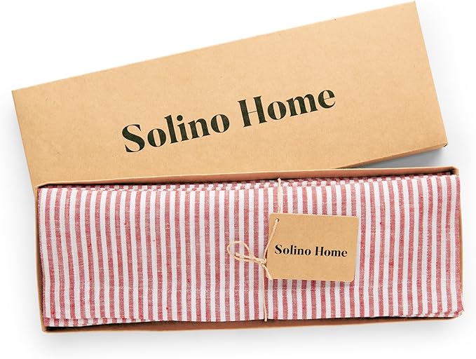 Solino Home Linen Cloth Placemats Set of 4 - Narrow Stripe 100% Pure Linen Red and White Farmhouse Placemats 14 x 19 Inch for Christmas, Holiday, Winter, New Year