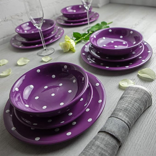 Handmade Purple and White Polka Dot Ceramic 12 piece Dinnerware Set | Pottery Tableware Service for 4 | Dinner Plates | Side Plates | Bowls | Housewarming Gift by City to Cottage®