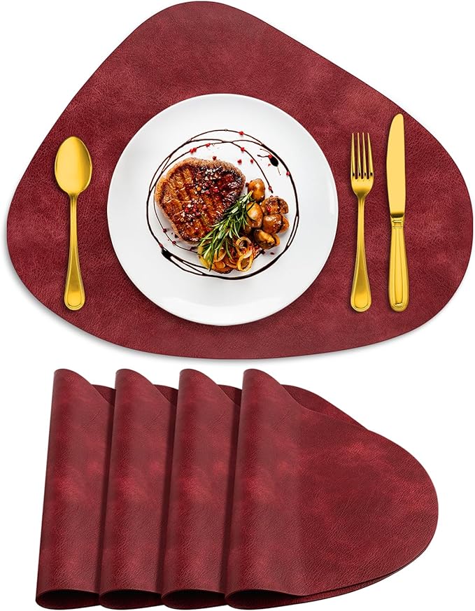 ADRIMER Placemats, Heat Resistant Round Placemats Set of 4 Washable 13 x 17 Inch, Waterproof Table Mats Wipeable for Kitchen, Dining Room Table Christmas Decor, Wine Red