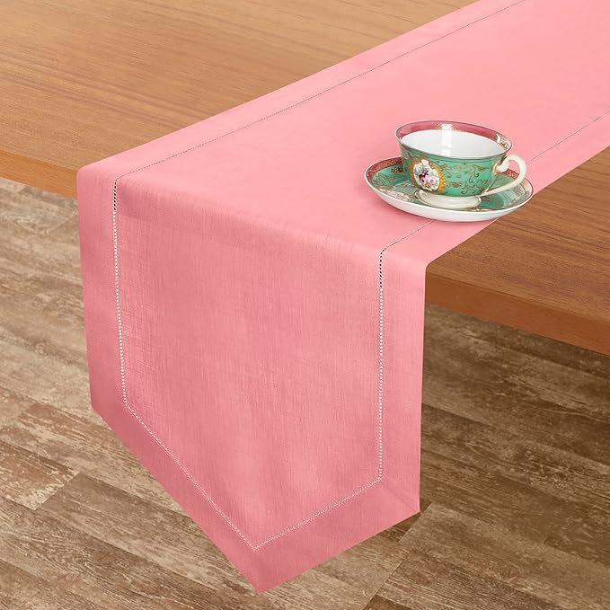 D'Moksha Homes Dusty Pink Linen Table Runner 120 Inches Long - 100% Pure Linen Diamond Table Runner 14 x 120 Inch for Dining, Winter, Christmas, Holiday, New Year - Machine Washable