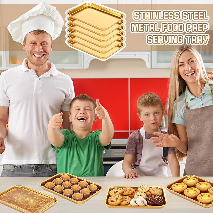 6 Pcs 7.5 x 5.5 Inch Gold Baking Sheets Stainless Steel Baking Pan Tray Cookie Sheet Rectangle Mirror Finish and Rust Free Easy Clean and Dishwasher Safe Bakeware Oven Tray for Roasting