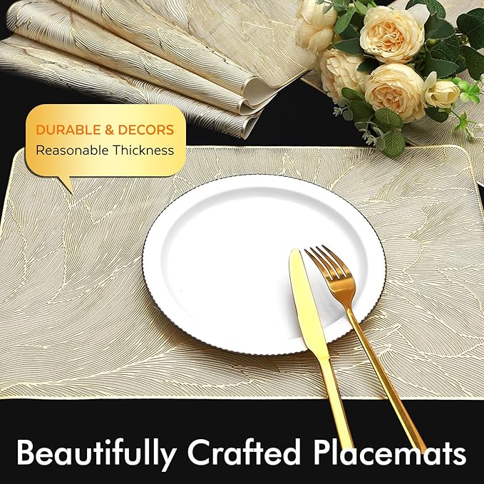 FAVE 6PCS Placemats Gold Placemats Vinyl Placemats Set of 6 Golden Table Mats Reusable Metallic Shiny Gold Place mats for Wedding, Banquet, Birthday, Party, Restaurant （15 x15,Rectangular Feather）