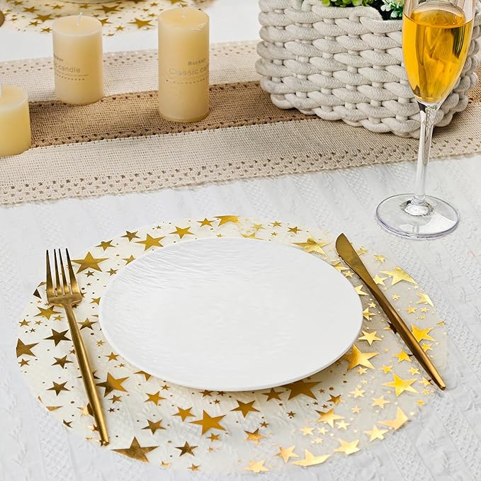 Gold Star Placemats Disposable Round Table Mat 13 Inch Golden Foil Mesh Pressed Placemat Tablecloths Glitter Table Runner for Birthday Party Wedding Home Dinners Tables Decor (Gold Star, 100 Pcs)