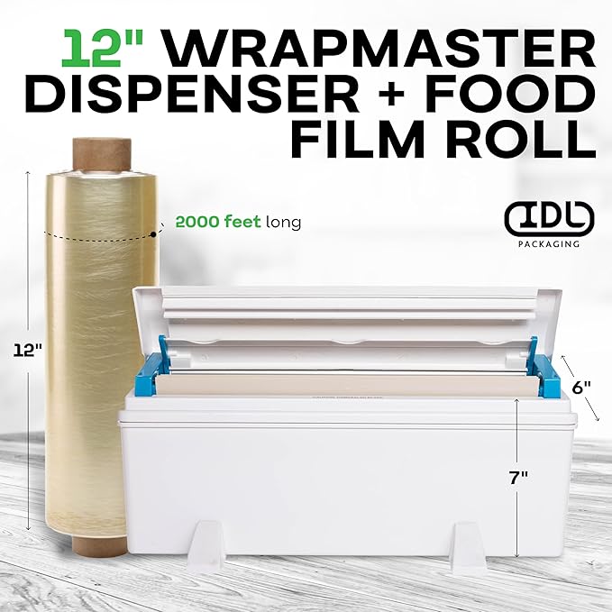 IDL Packaging WP-179D 12" WrapMaster Dispenser with 12" x 2000' Food Film Roll – Complete Food Wrapping Solution on Your Kitchen - 100% Food-Grade and BPA Free