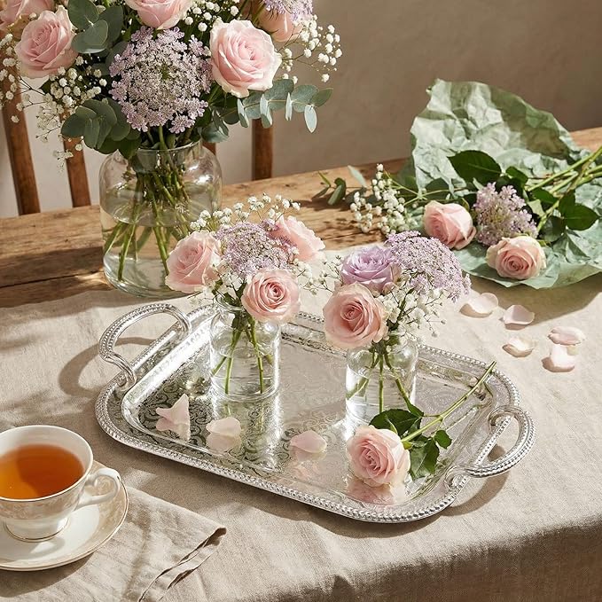 4 Pcs Silver Serving Tray with Handles Elegant Victoria Floral Engraved Metal Platters Large Decorative Trays for Buffet,Wedding Party, Jewelry Display, Service(Retro,Sliver)