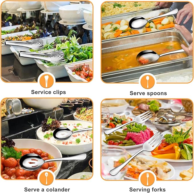 Stainless Steel Serving Utensil Set, 8-Piece, Includes Serving Spoons, Forks, Tongs and Soup Ladle