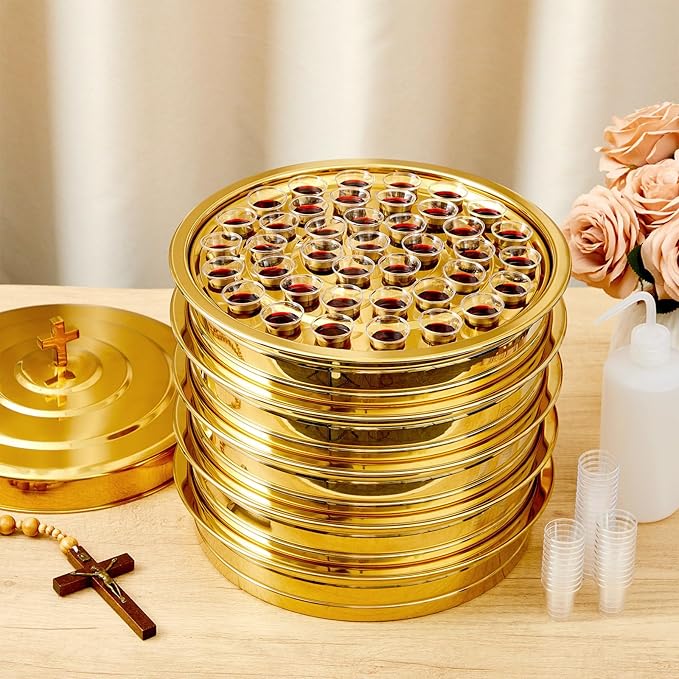 Zhehao 5 Sets Holy Communion Trays for Churches with Lid, Including 300 Disposable Communion Cups, 3 Churches Cup Fillers, 3 Spouts (Golden)