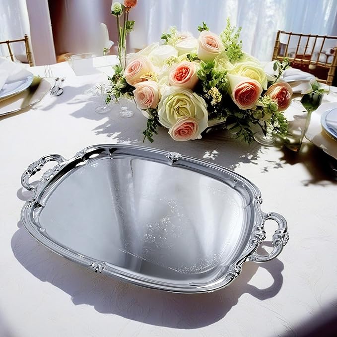 (Pack of 4) 21-Inch x 13.5-Inch Elegant Victoria Floral Engraved with Handle Serving Tray Silver Metal Plate Platter Food Decorative Buffet Wedding Party T166-4PK