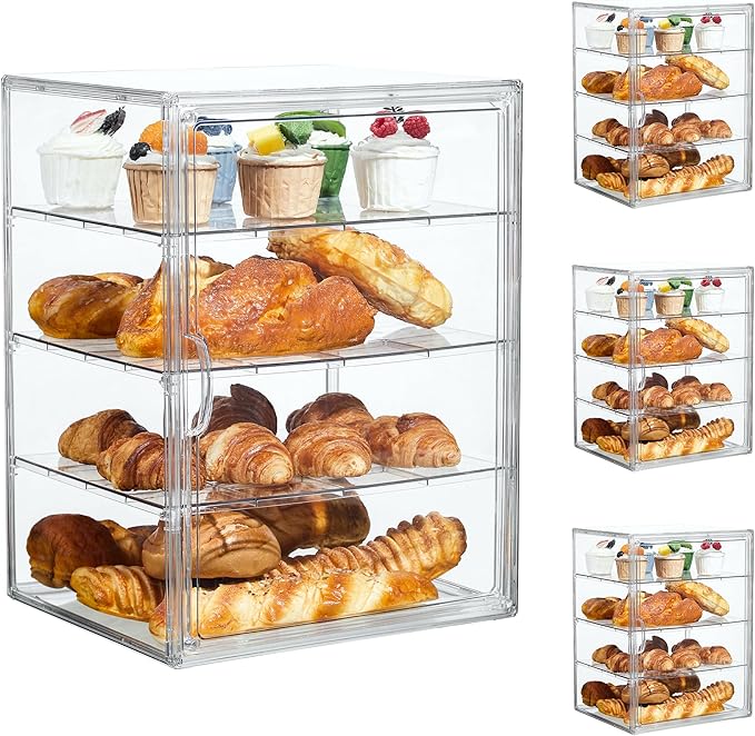 Pastry Display Case,Bread Box for Kitchen Countertop,4 Layers Adjustable Clear Bread Storage with Magnetic Door Bakery Pastry Display15.5x11.4x9.8inch,4 Pack