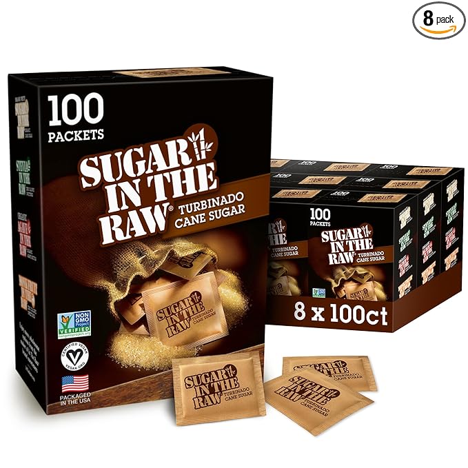 Sugar In The Raw Granulated Turbinado Cane Sugar On The Go Packets, Pure Natural Sweetener, Hot & Cold Drinks, Coffee, Cooking, Baking, Vegan, Gluten-Free, Non-GMO, 100 Count Packets (8-Pack)