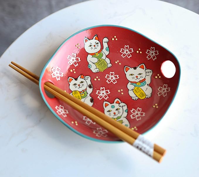 Ebros Red Maneki Neko Lucky Cat Appetizer Snack Serving Coupe Plate Dish With Chopsticks And Built In Rest Set Small Flat Bowl For Hors D'oeuvres Sushi Ice Cream Serveware Plates (2)