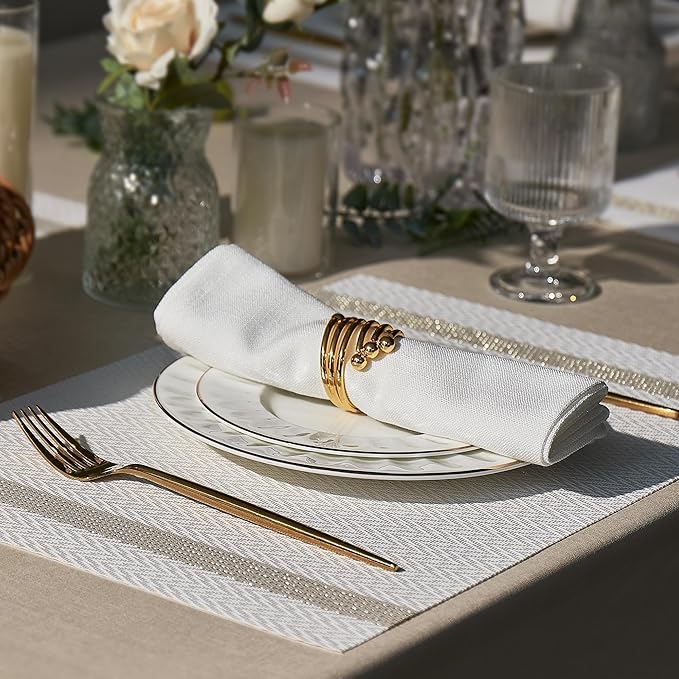 Leetaltree Luxury White Placemats with Gold Stripes Placemats Set of 12 - Waterproof Washable for Wedding, Anniversary, Daily Use - Sparkling Table Decor - Hand-Cut