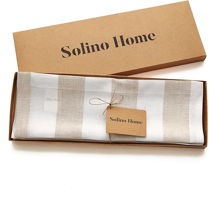Solino Home Linen Placemats Set of 4 - Cabana Stripe Natural and White Placemats 14 x 19 Inch - 100% Pure Linen Place Mats for Christmas, Holiday, New Year