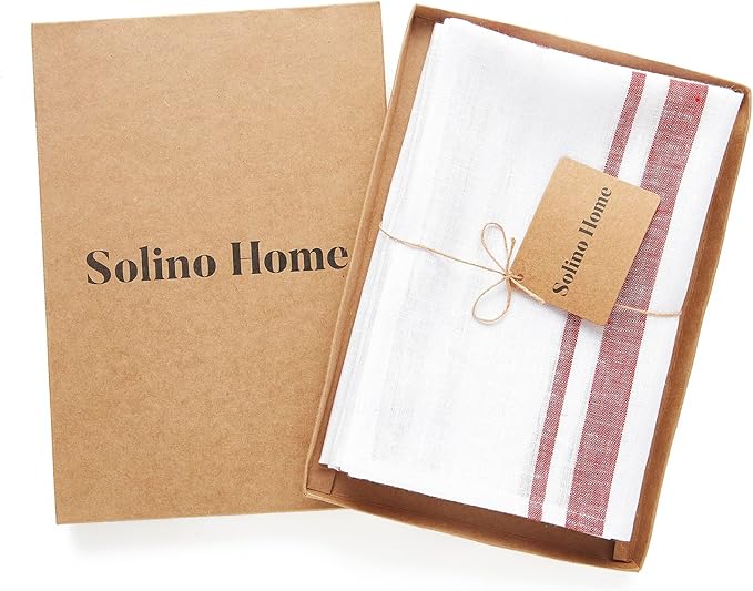 Solino Home French Stripe Linen Napkins Set of 4 - Burgundy and White 100% Pure Linen Cloth Dinner Napkins 20 x 20 Inch for Christmas, Holiday, Winter, New Year
