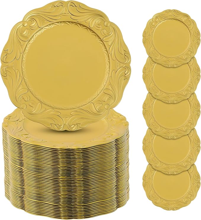 100 Pcs Antique Charger Plates Bulk 13 Inch Embossed Rim Plastic Party Dinner Plate Chargers Round Decorative Server Plate for Wedding Party Event Tableware (100pcs-Gold5)