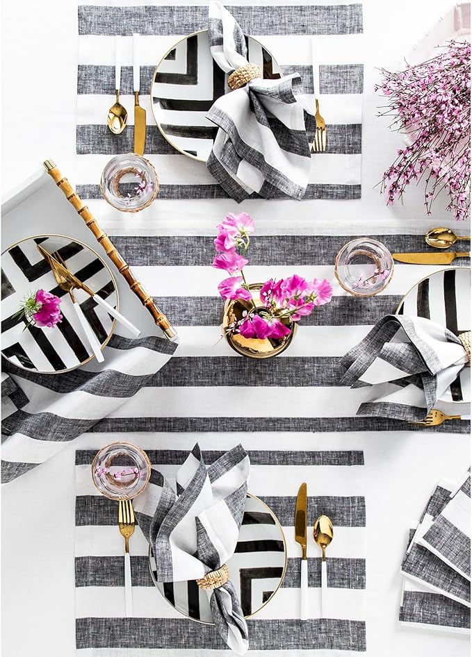 Solino Home Linen Placemats Set of 4 - Cabana Stripe Black and White Placemats 14 x 19 Inch - 100% Pure Linen Place Mats for Winter, Holiday