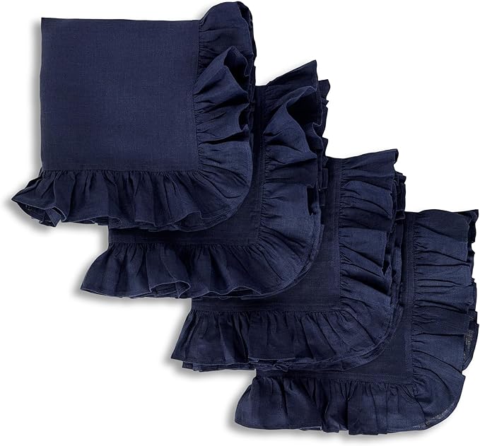 Solino Home Linen Ruffle Napkins Set of 4-100% Pure Linen Navy Blue Dinner Napkins Cloth 20 x 20 Inch for Winter - Gabrielle Ruffle, Handcrafted and Machine Washable