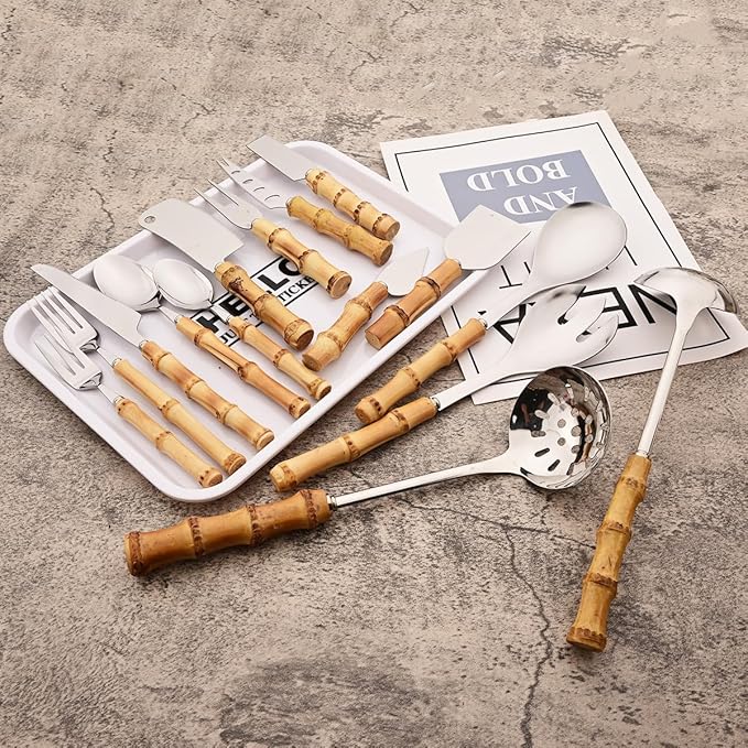 6-Piece Bamboo Silverware Set, Stainless Steel Flatware Hostess Serving Set Bamboo Utensils Tableware Set for Home Camping Travel Hotel - 6pcs Dinner Knife