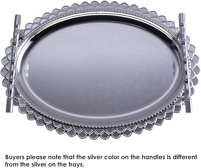 14.6 inch x 11 inch Oval Chrome Plated Silver Serving Tray with Handles Stylish Design Floral Plant Engraved Edge Party Birthday Dessert Buffet Platter Plate FST-084