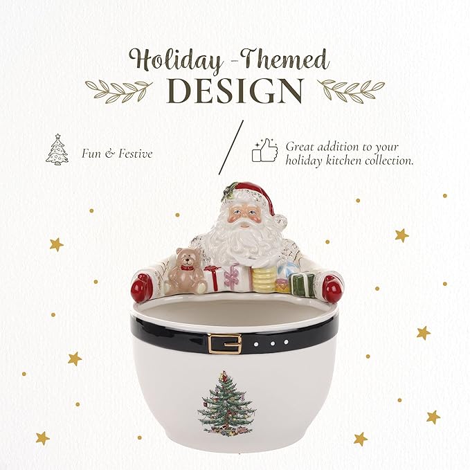 Spode Christmas Tree Santa 9-Inch Nut Bowl – Decorative Earthenware Bowl for Candies, Nuts, Desserts & Holiday Treats – Elegant Christmas Tableware with 22-Karat Gold Accents