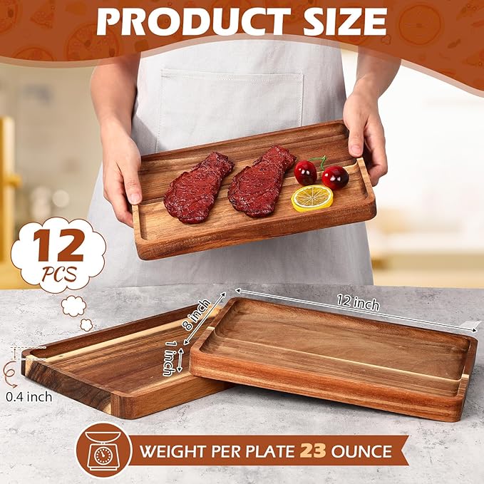 Roshtia 12 Pcs Acacia Wood Serving Tray Rectangular Wooden Serving Platter Christmas Dinner Plates Wood Cheese Charcuterie Board for Food Vegetable, Charcuterie, Appetizer (8'' X 12'' X 1'')