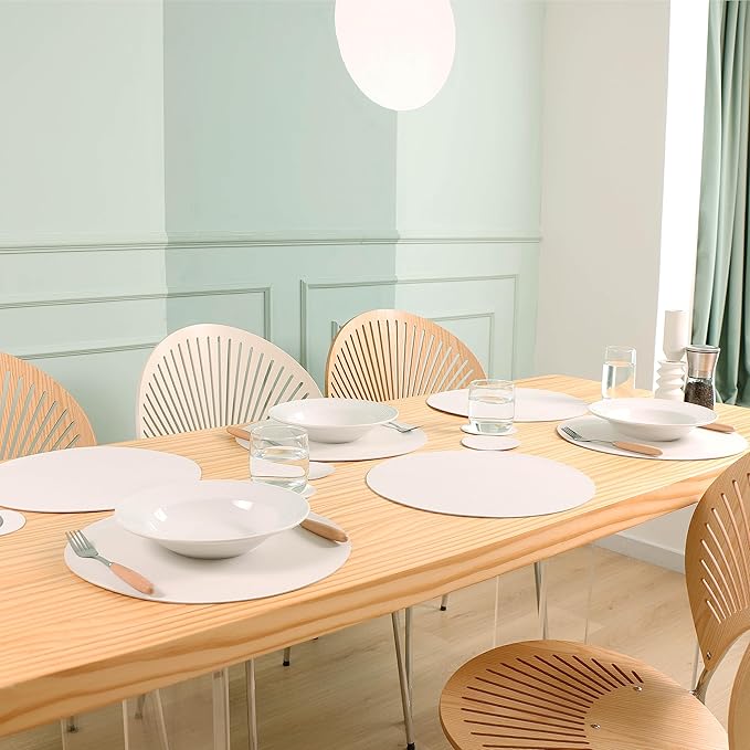 Wipeable Placemats and Coasters Leather Table Mats Waterproof Heat-Resistant Easy to Clean for Dining Table Set Kitchen Table Set of 6, White