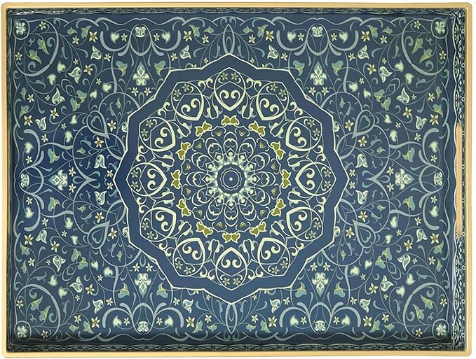 Decorative Tray, Blue Serving Tray with Handles, Set of 2, Plastic Coffee Table Tray for Living Room, Ottoman, Bathroom, Kitchen, Decor, Large 15.7”*11.8”, Small 13.7"*9.8"