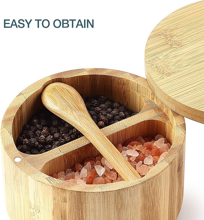 Bamboo Salt and Pepper Box with Swivel Lid, Embedded Spoon, Magnetic Closure Lid to keep the dust out, Salt Cellar Bowl Container to Storage Pepper Spice Herb Sea Salt, Dual 5 Oz Capacity